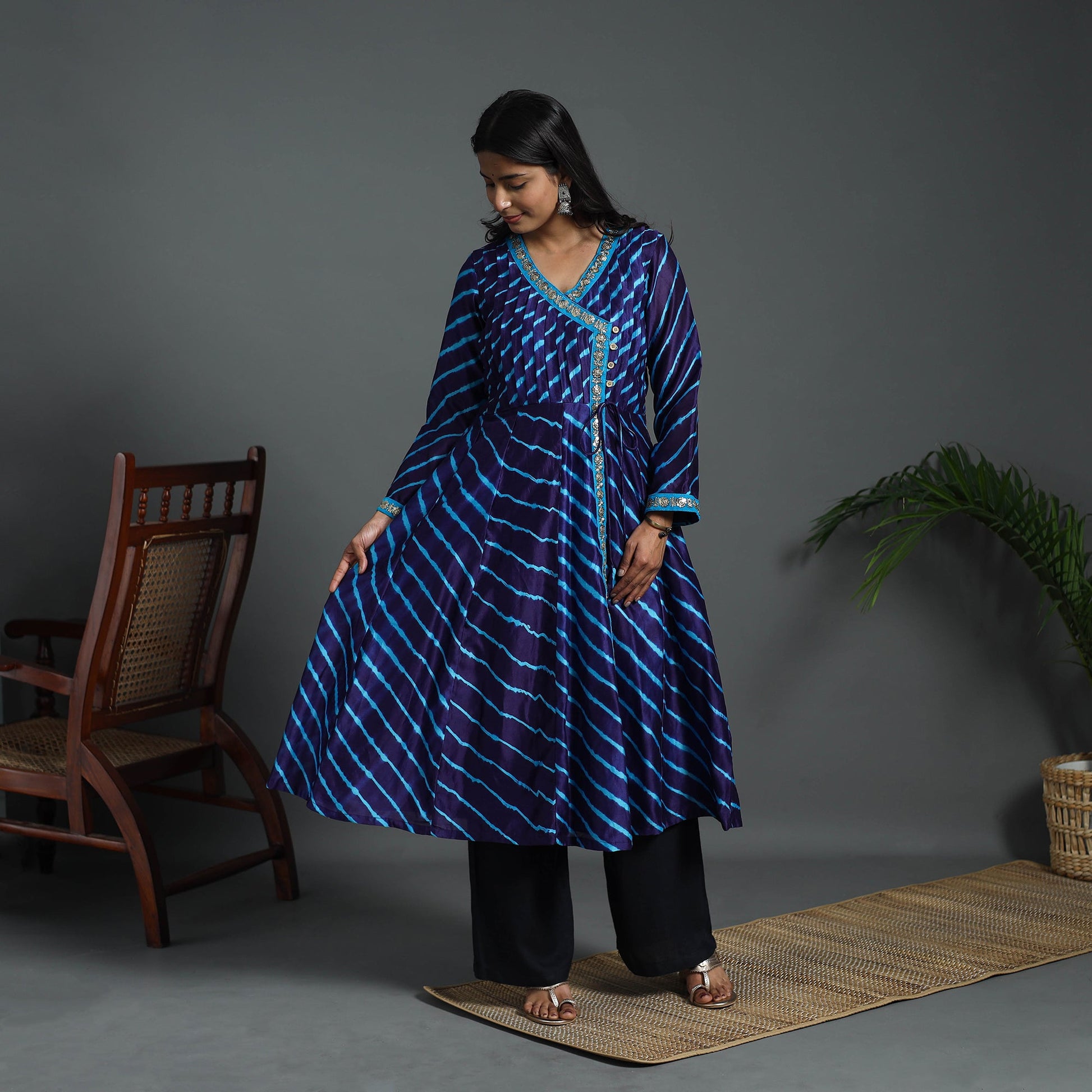 Blue - Angrakha Handloom Chanderi Silk Tie-Dye Leheriya Kurta 03