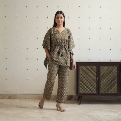 Brown - Block Printed Cotton Kaftan Ajrakh Co-ord Set 14