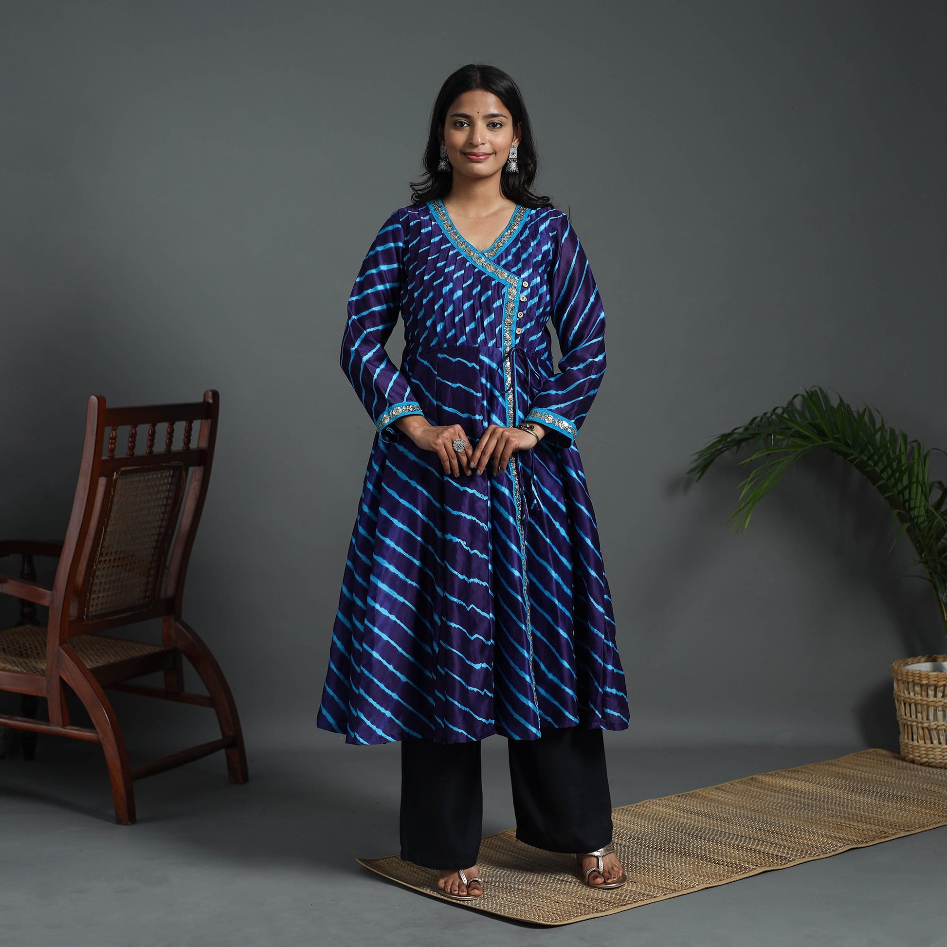 Blue - Angrakha Handloom Chanderi Silk Tie-Dye Leheriya Kurta 03