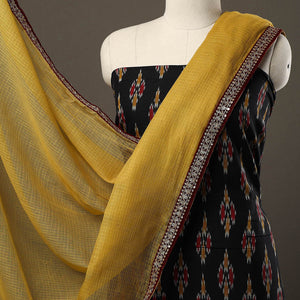 Black - 3pc Cotton Pochampally Ikat Kurta with Plain Dupatta 10