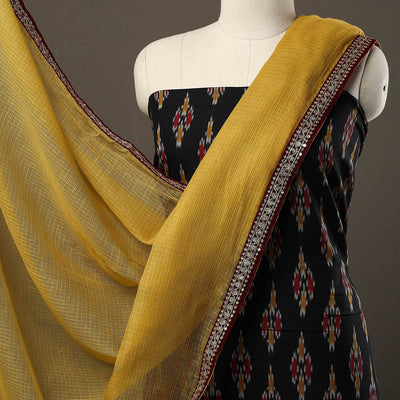Black - 3pc Cotton Pochampally Ikat Kurta with Plain Dupatta 10