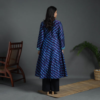 Blue - Angrakha Handloom Chanderi Silk Tie-Dye Leheriya Kurta 03