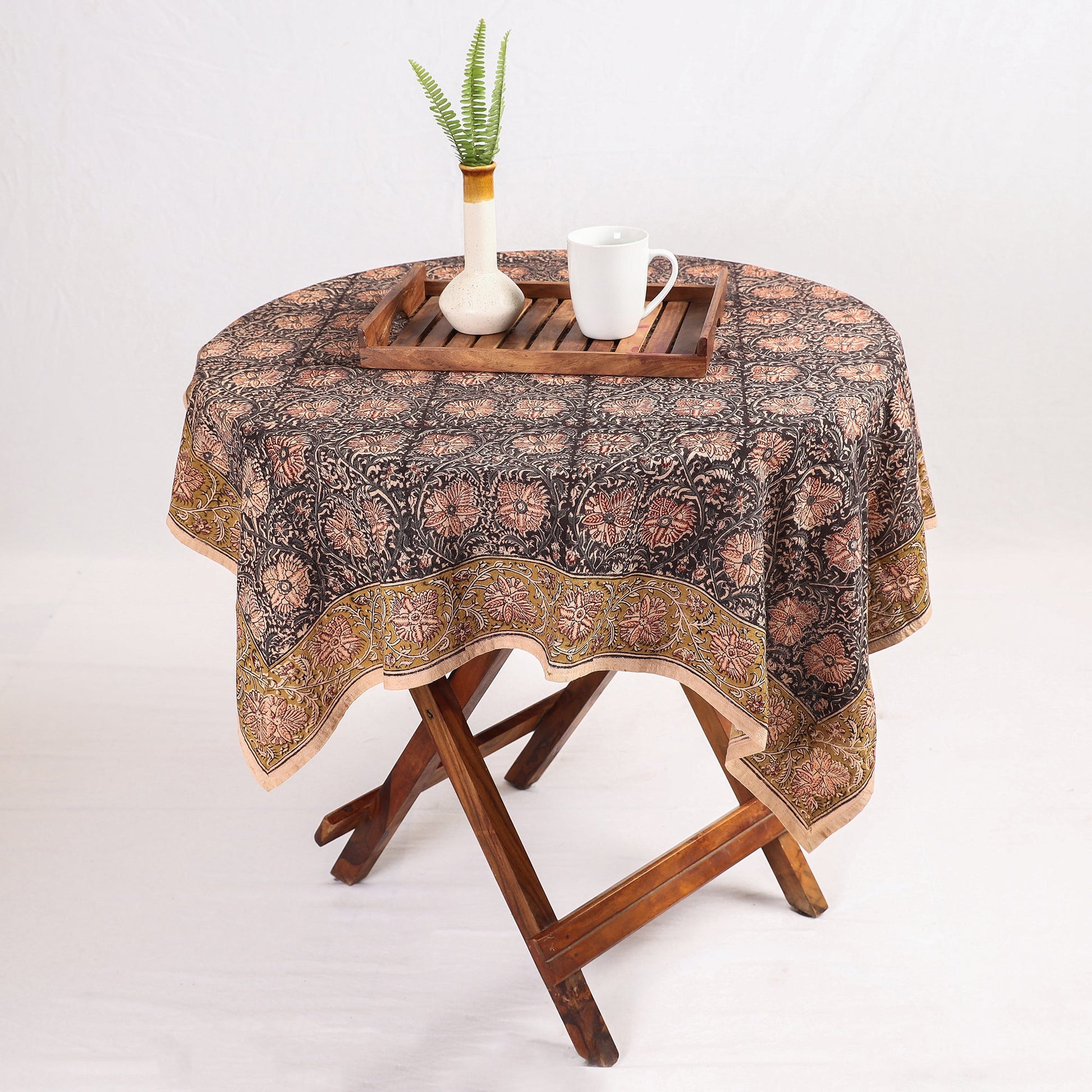 Black - Original Pedana Kalamkari Block Printed Cotton Table Cover (44 x 44 in)