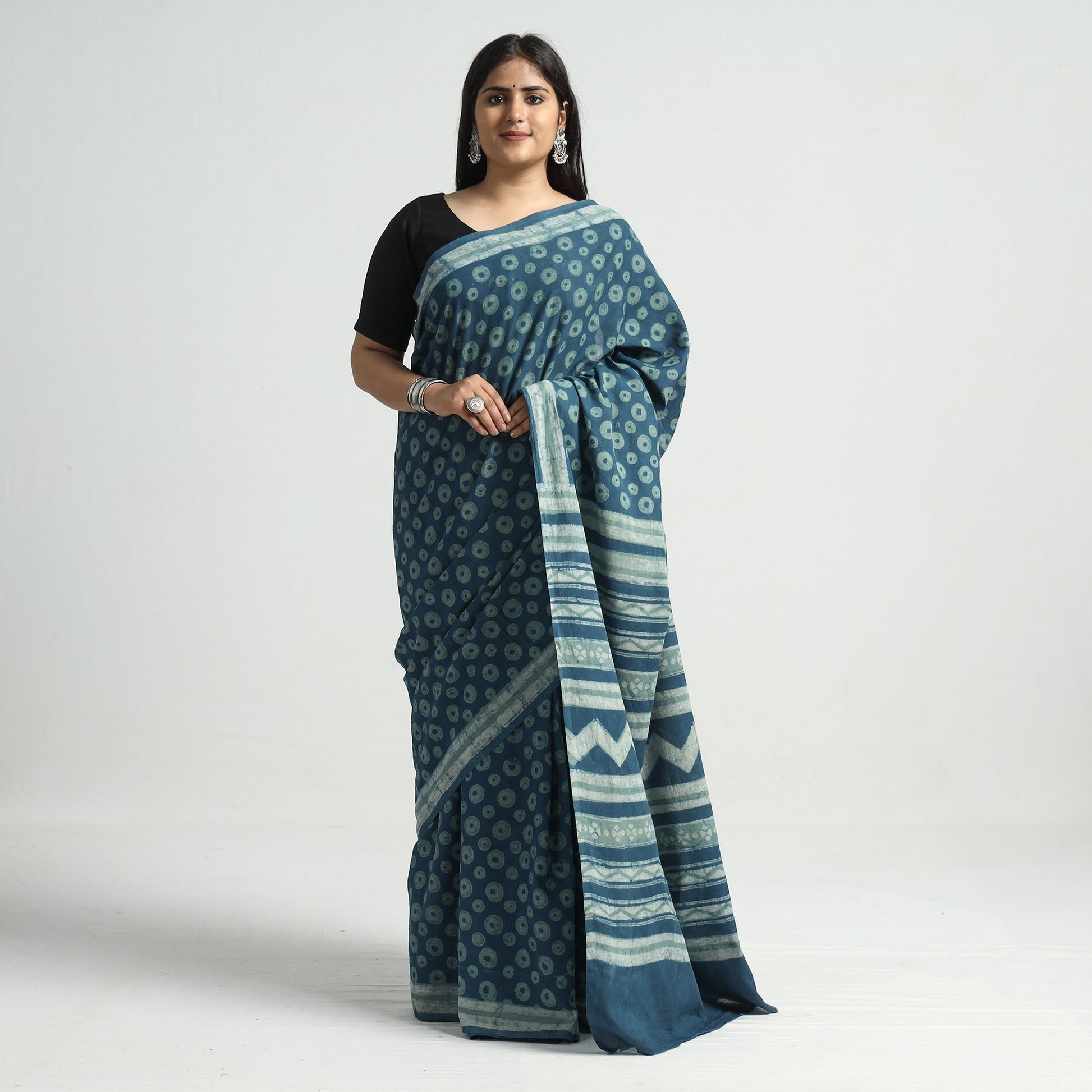 Blue - Akola Hand Block Printed Cotton Saree