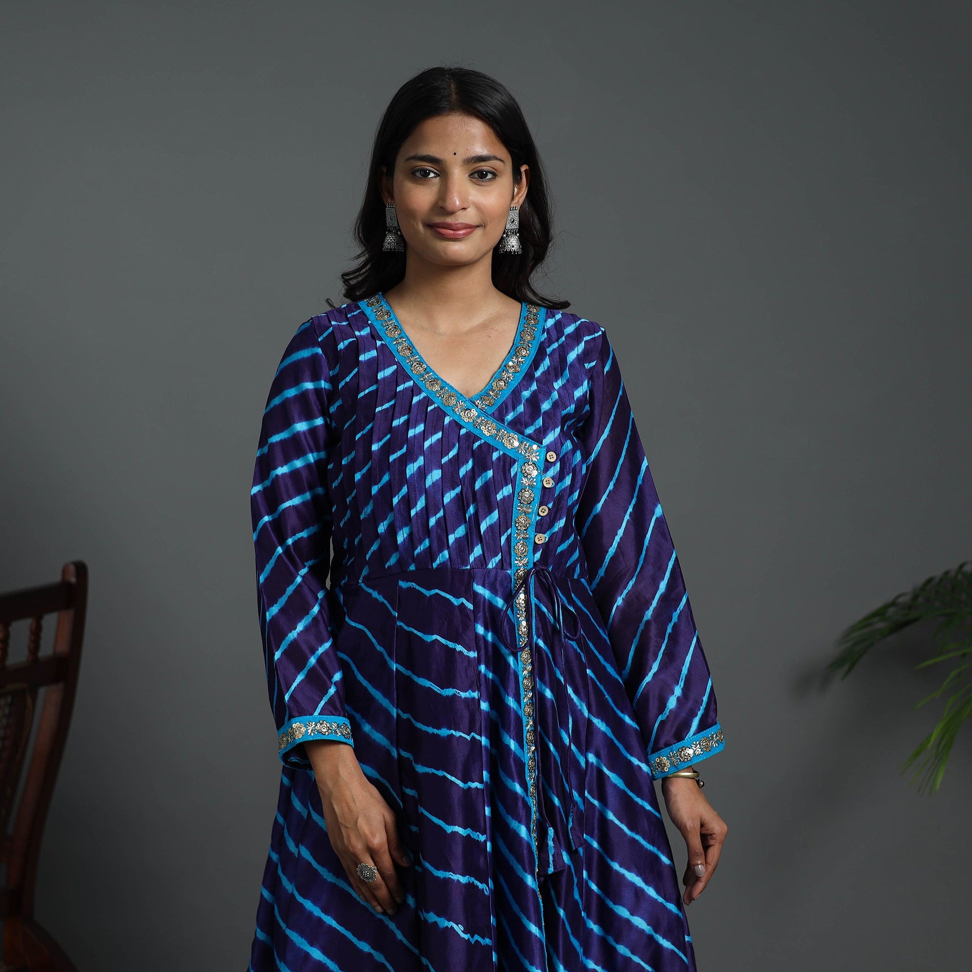 Blue - Angrakha Handloom Chanderi Silk Tie-Dye Leheriya Kurta 03
