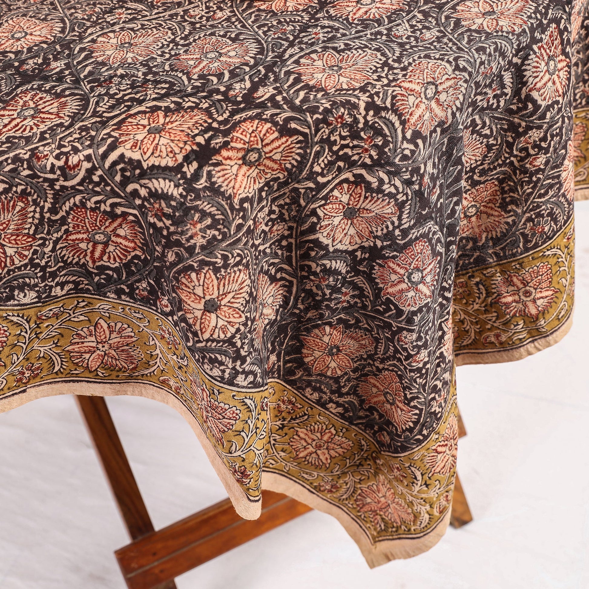 Black - Original Pedana Kalamkari Block Printed Cotton Table Cover (44 x 44 in)