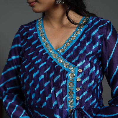 Blue - Angrakha Handloom Chanderi Silk Tie-Dye Leheriya Kurta 03