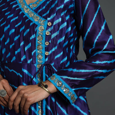 Blue - Angrakha Handloom Chanderi Silk Tie-Dye Leheriya Kurta 03