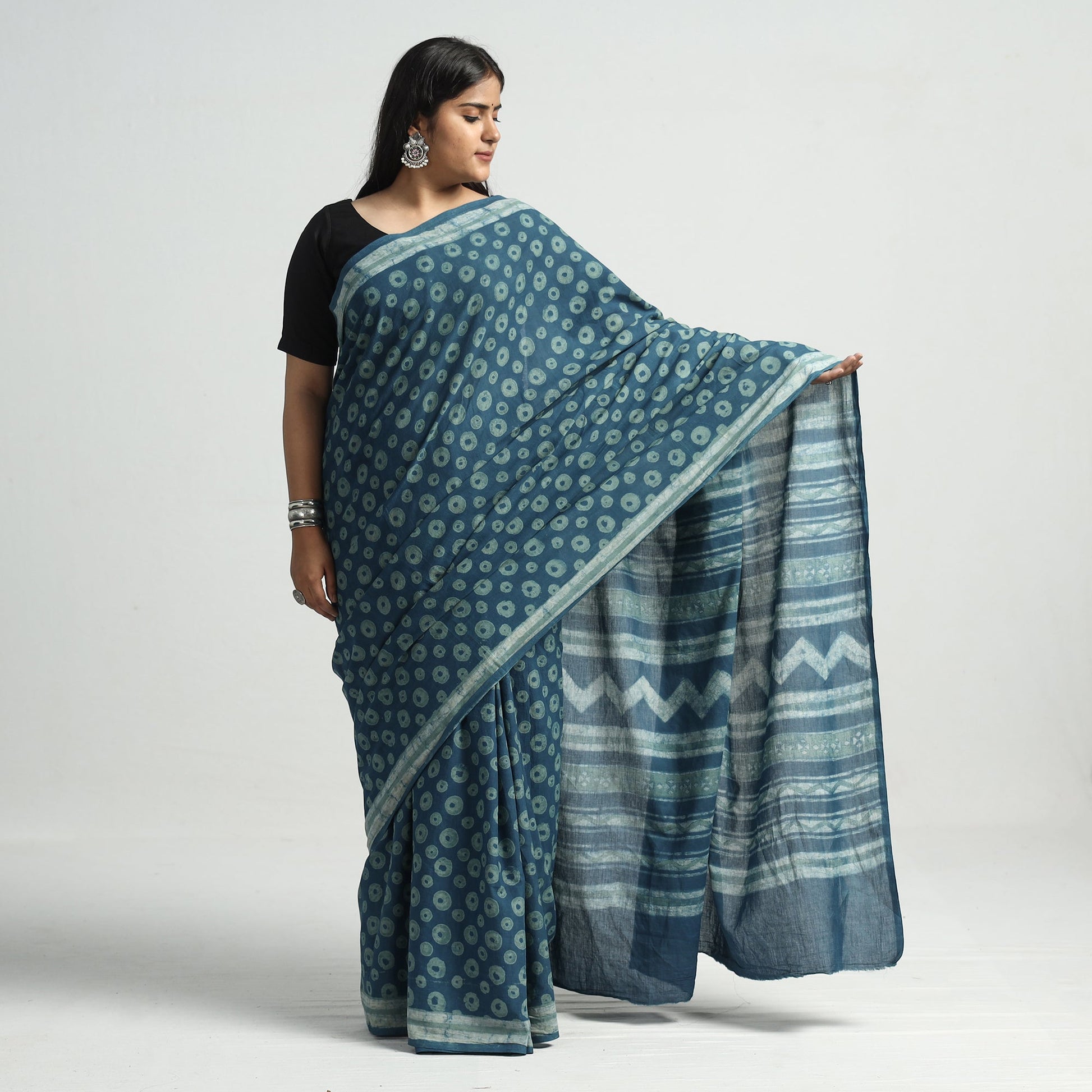 Blue - Akola Hand Block Printed Cotton Saree