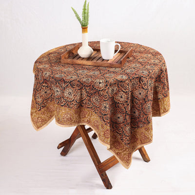 Brown - Original Pedana Kalamkari Block Printed Cotton Table Cover (44 x 44 in)