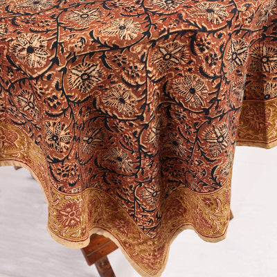 Brown - Original Pedana Kalamkari Block Printed Cotton Table Cover (44 x 44 in)