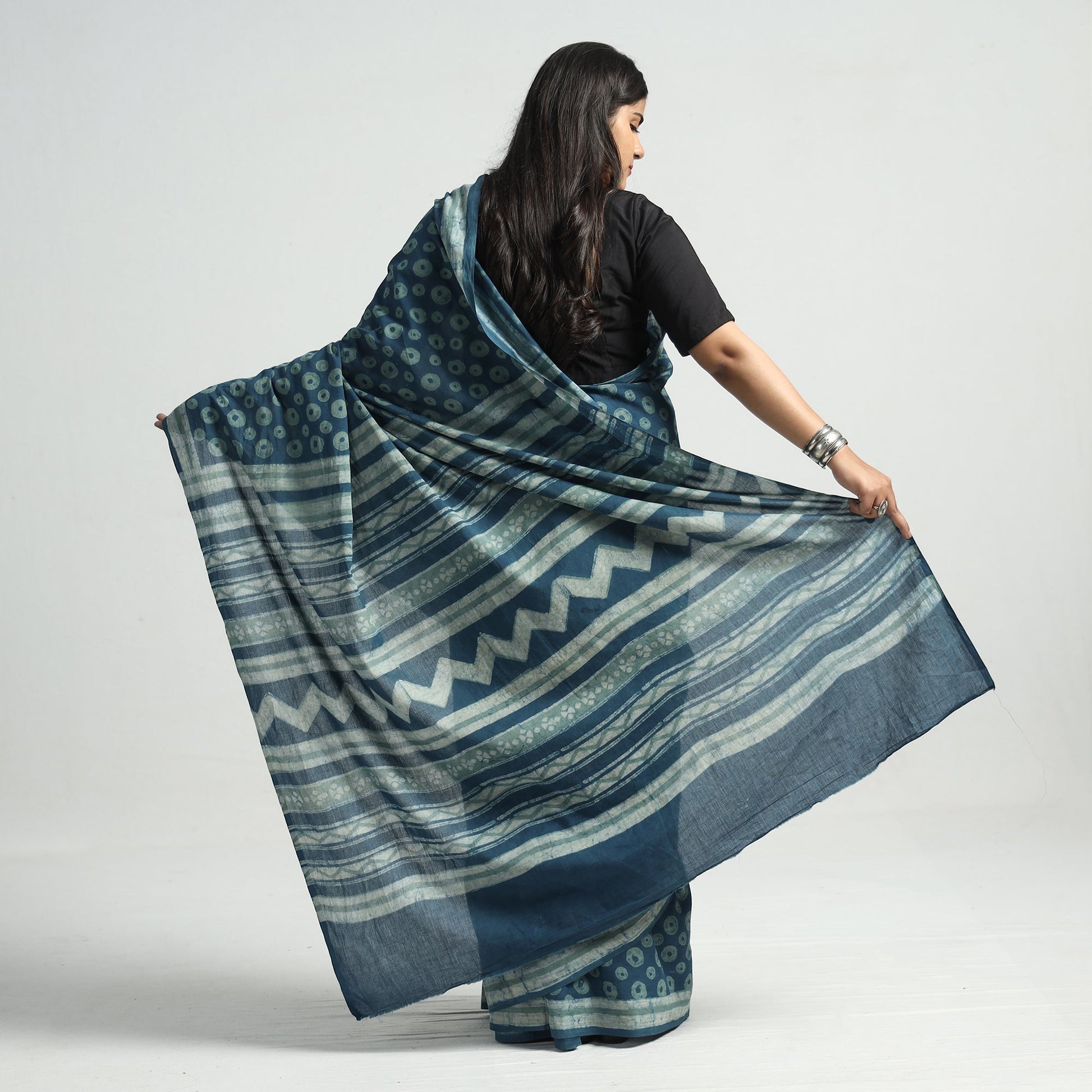 Blue - Akola Hand Block Printed Cotton Saree