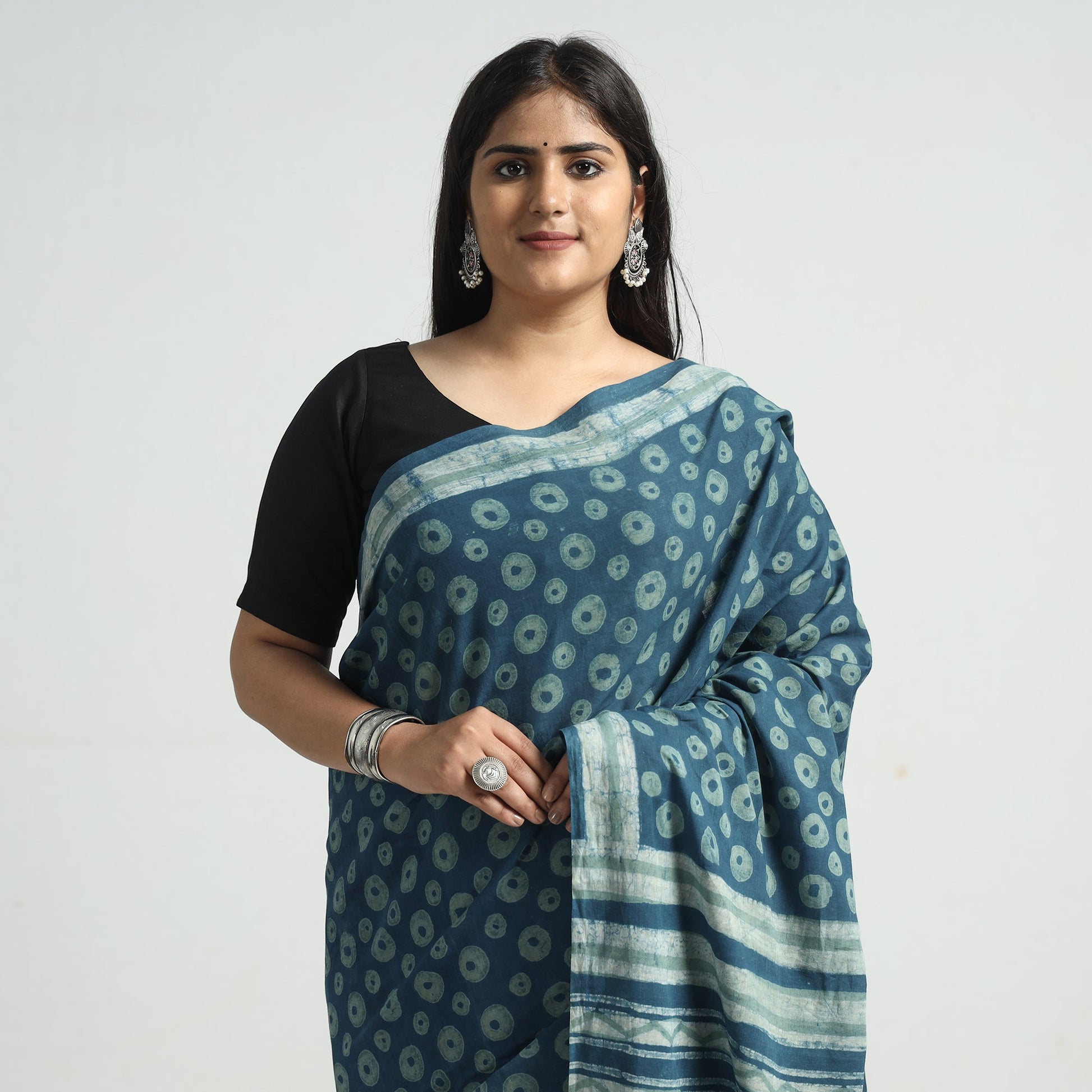 Blue - Akola Hand Block Printed Cotton Saree