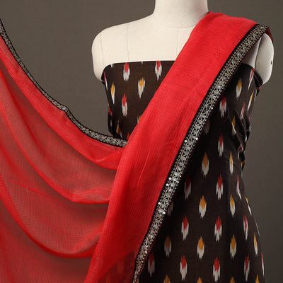 Brown - 3pc Cotton Pochampally Ikat Kurta with Plain Dupatta 13