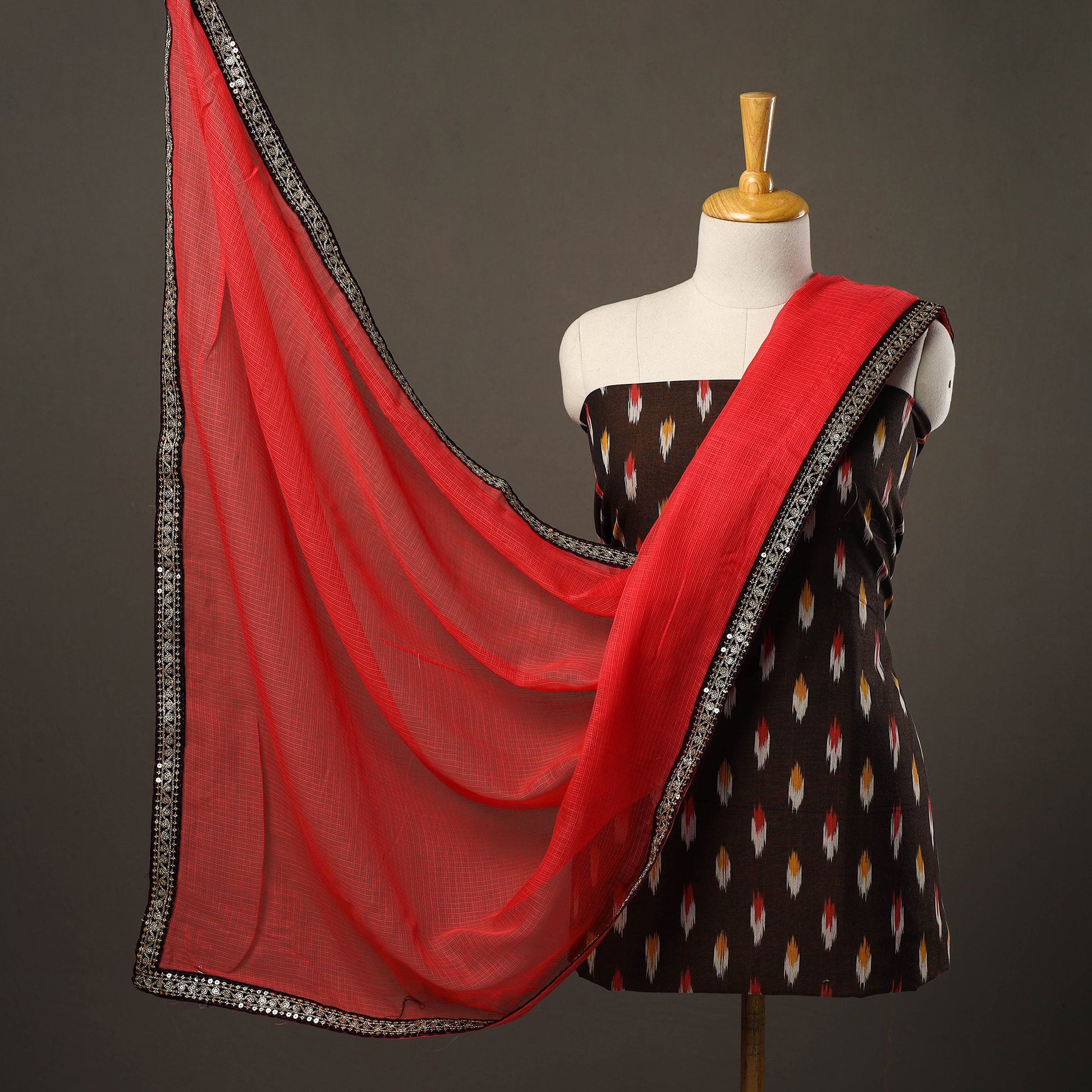 Brown - 3pc Cotton Pochampally Ikat Kurta with Plain Dupatta 13