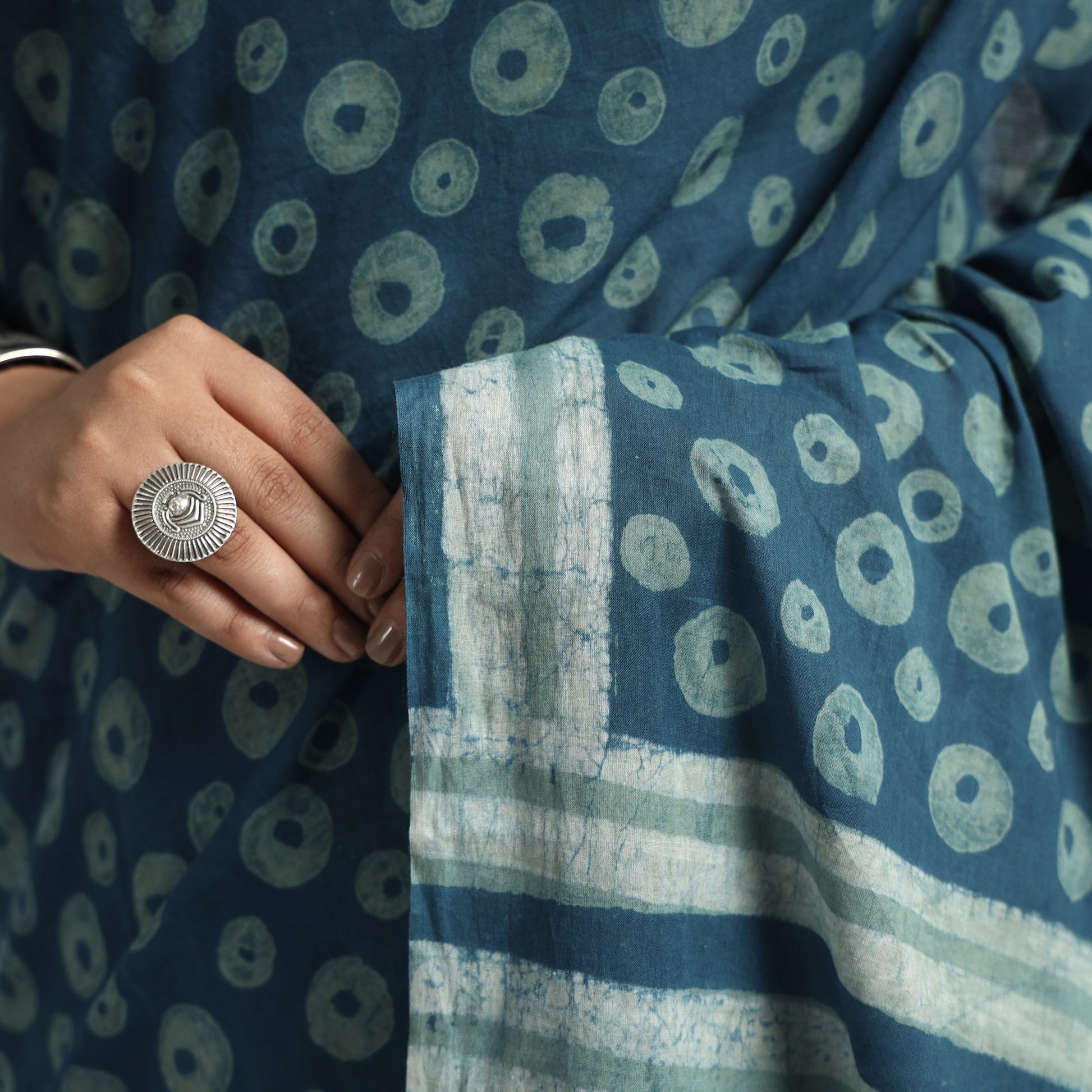 Blue - Akola Hand Block Printed Cotton Saree
