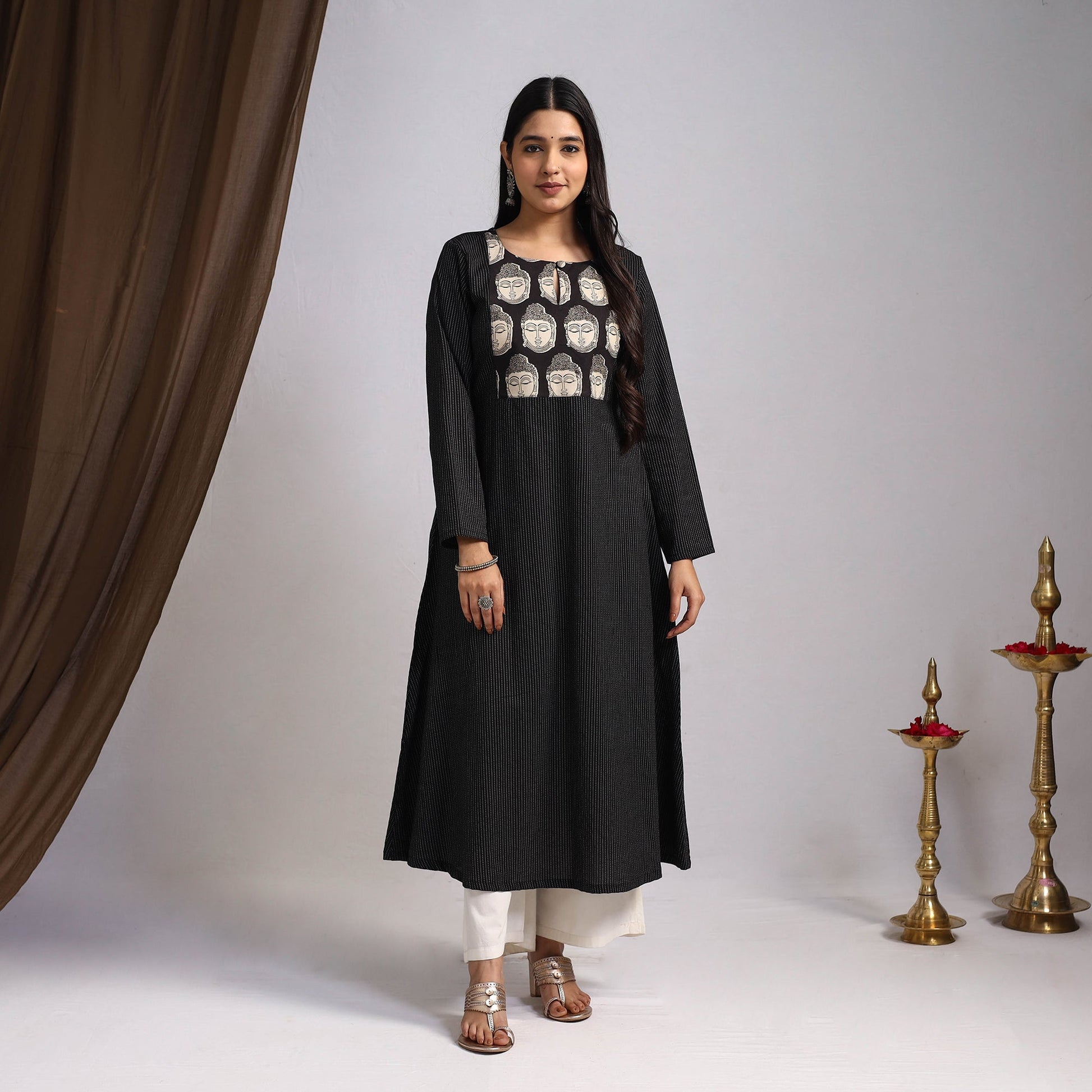 Black - Nazakat Heritage Patchwork Cotton A-Line Plain Kurta 02