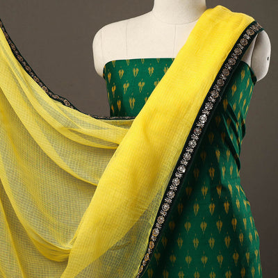 Green - 3pc Cotton Pochampally Ikat Kurta with Plain Dupatta 14
