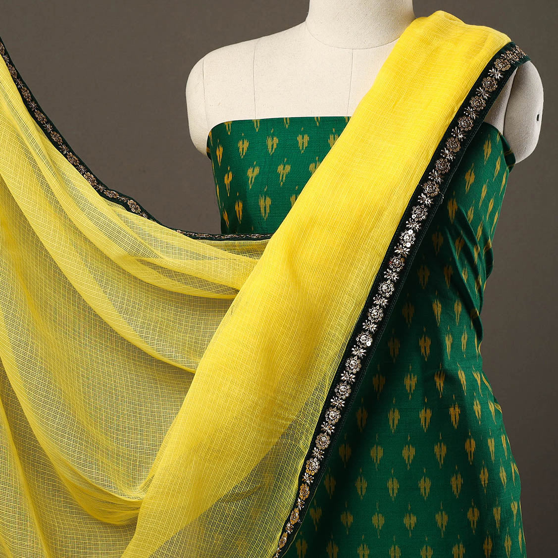 Green - 3pc Cotton Pochampally Ikat Kurta with Plain Dupatta 14