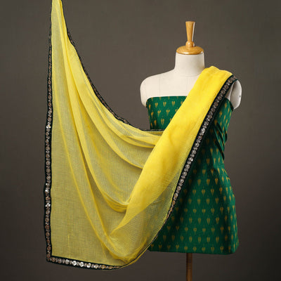 Green - 3pc Cotton Pochampally Ikat Kurta with Plain Dupatta 14