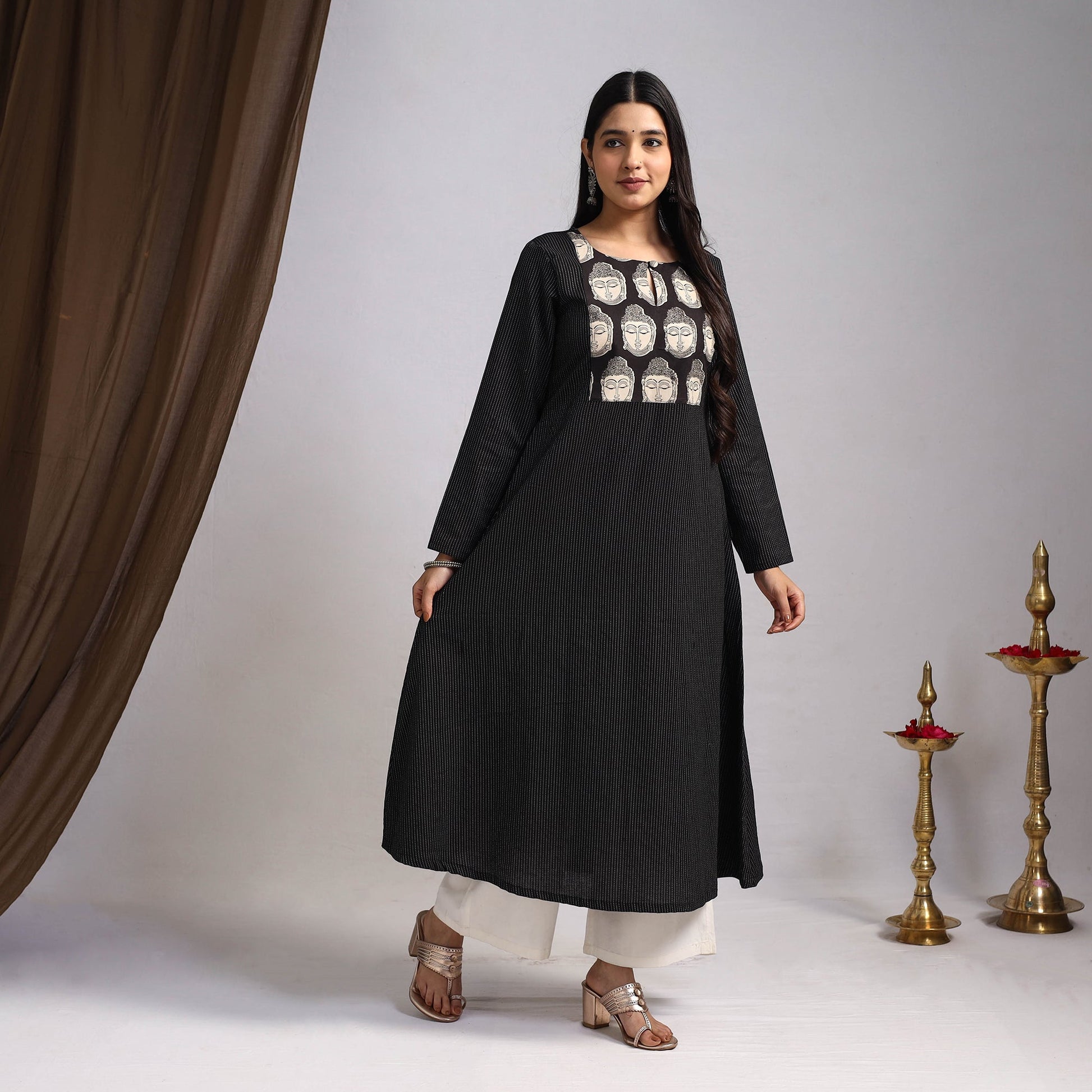 Black - Nazakat Heritage Patchwork Cotton A-Line Plain Kurta 02
