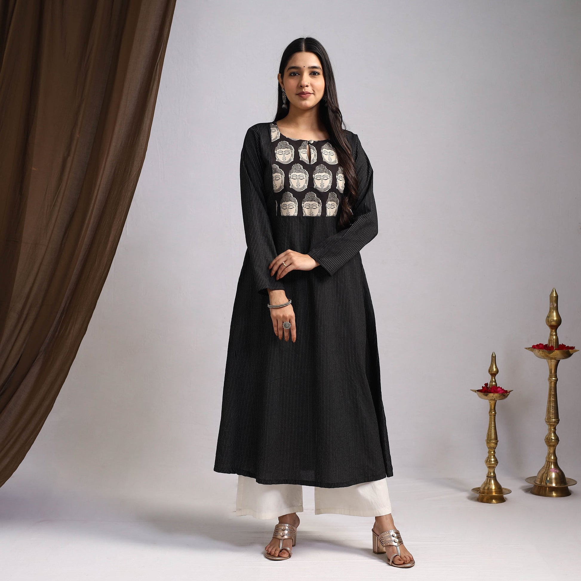 Black - Nazakat Heritage Patchwork Cotton A-Line Plain Kurta 02