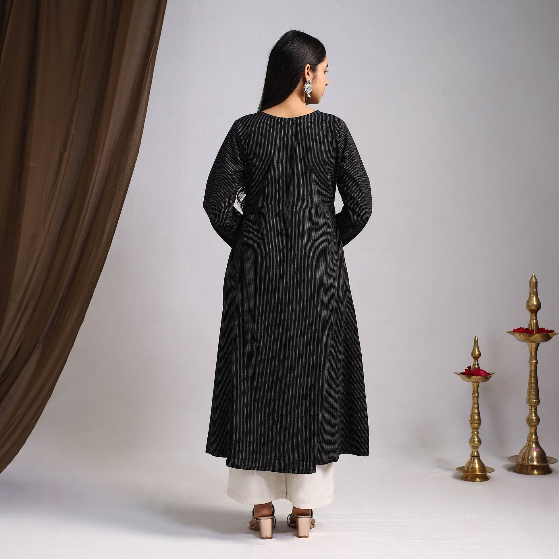 Black - Nazakat Heritage Patchwork Cotton A-Line Plain Kurta 02