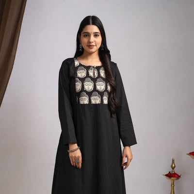 Black - Nazakat Heritage Patchwork Cotton A-Line Plain Kurta 02