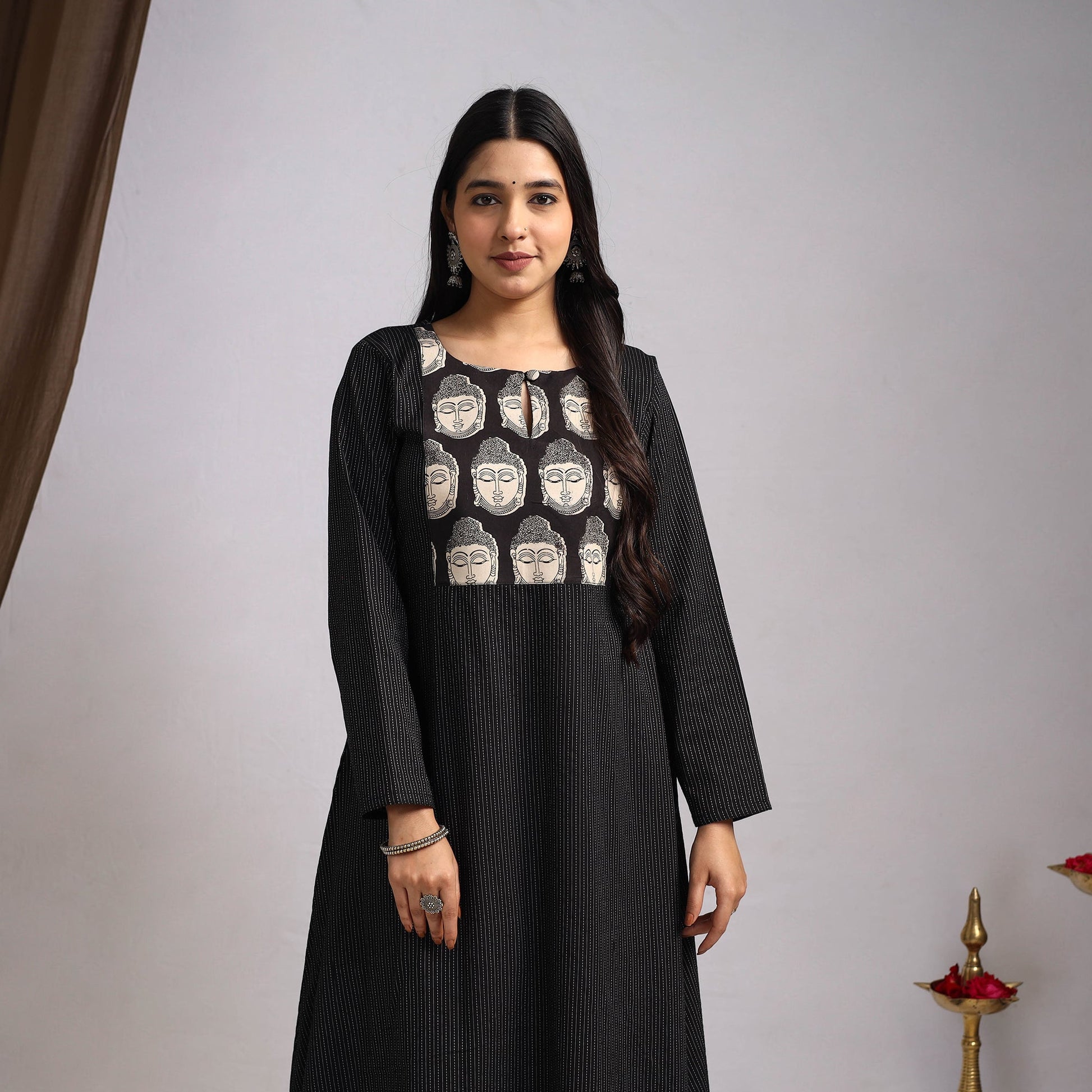 Black - Nazakat Heritage Patchwork Cotton A-Line Plain Kurta 02