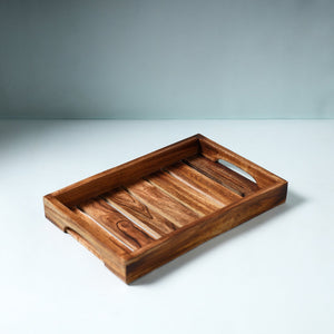 Brown - Hand Carved Natural Neem Wooden Tray (12 x 8 in)