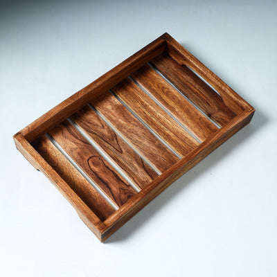 Brown - Hand Carved Natural Neem Wooden Tray (12 x 8 in)