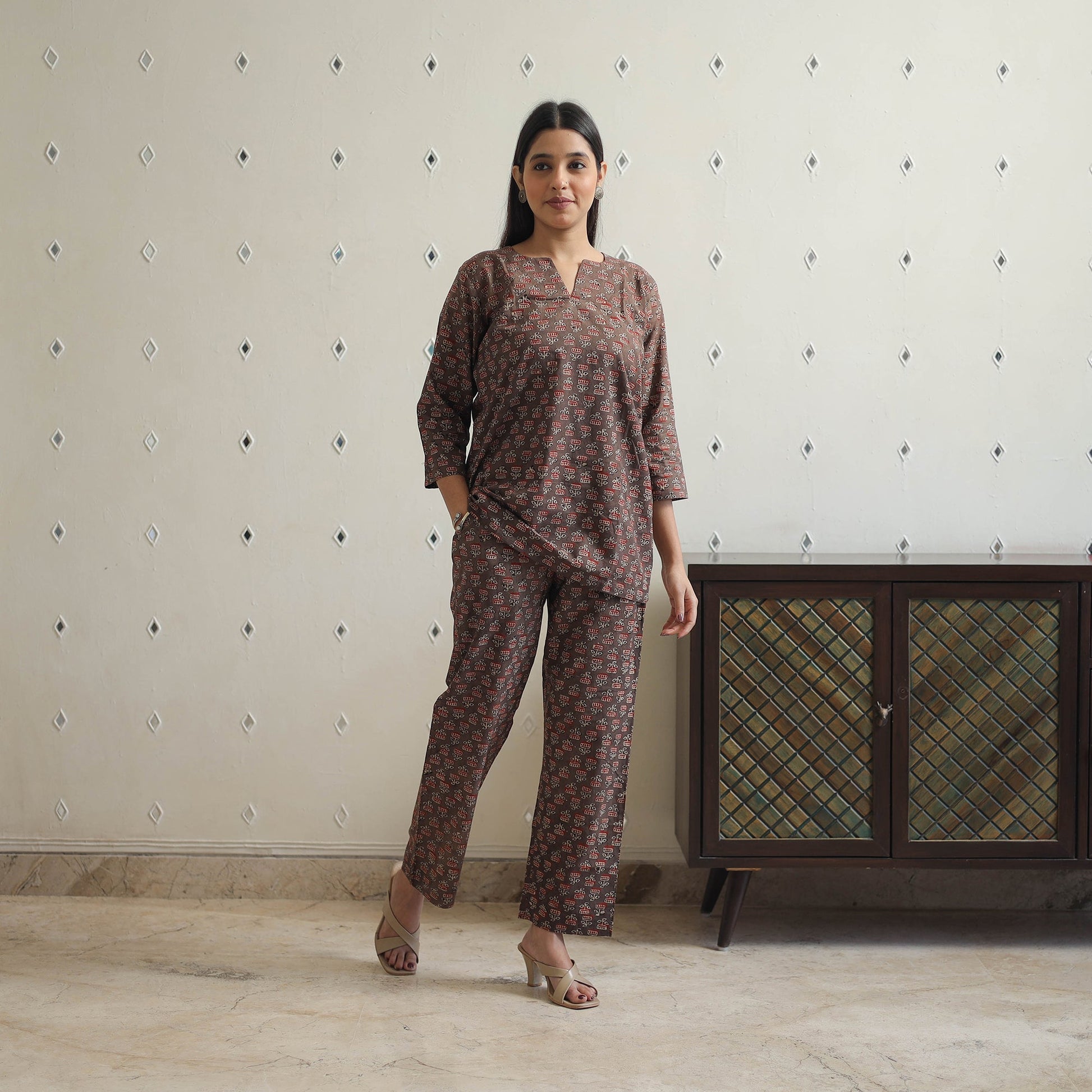 Brown - Block Printed Cotton Ajrakh Co-ord Set 20