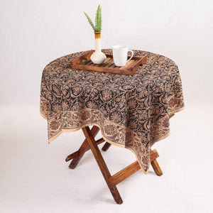 Black - Original Pedana Kalamkari Block Printed Cotton Table Cover (44 x 44 in)