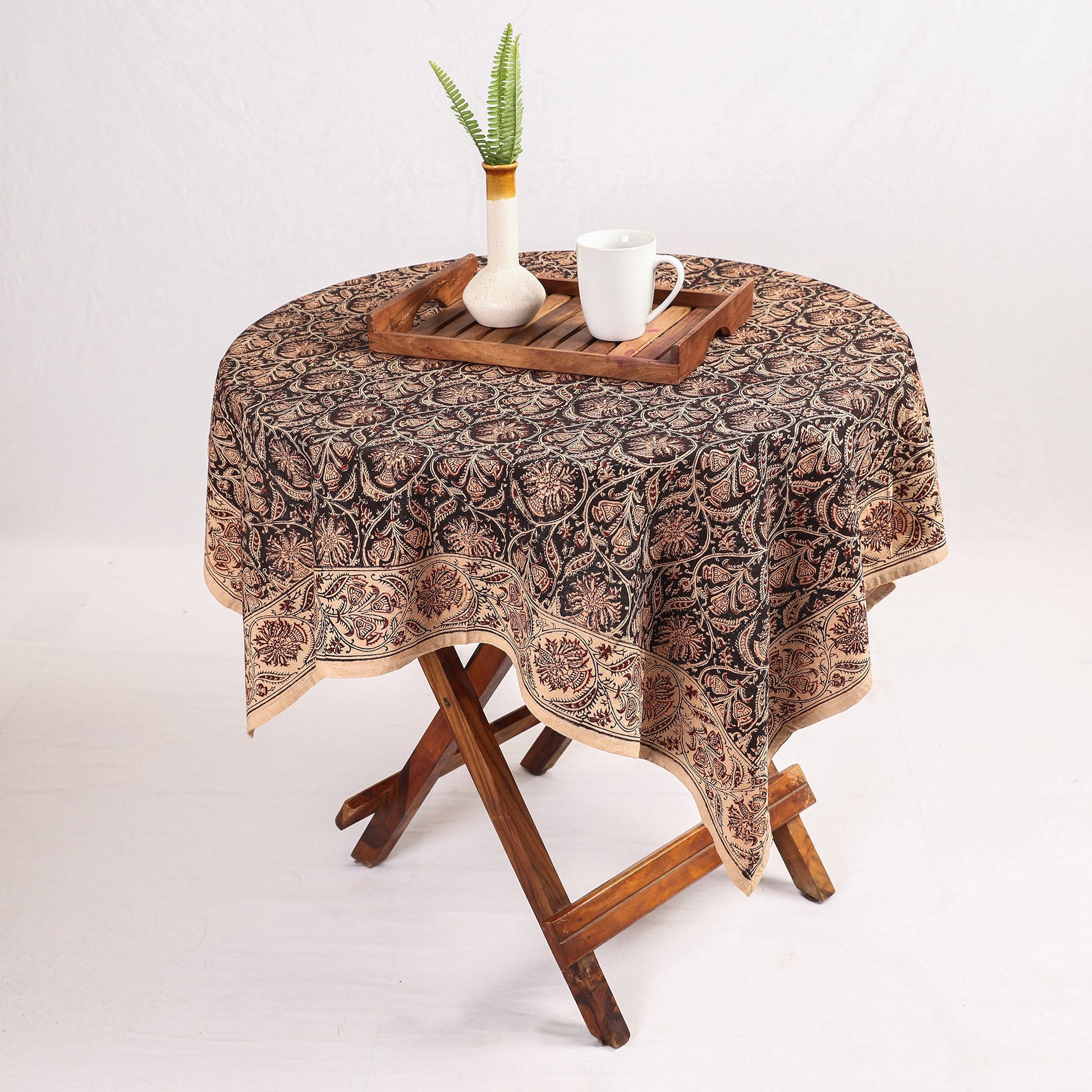 Black - Original Pedana Kalamkari Block Printed Cotton Table Cover (44 x 44 in)