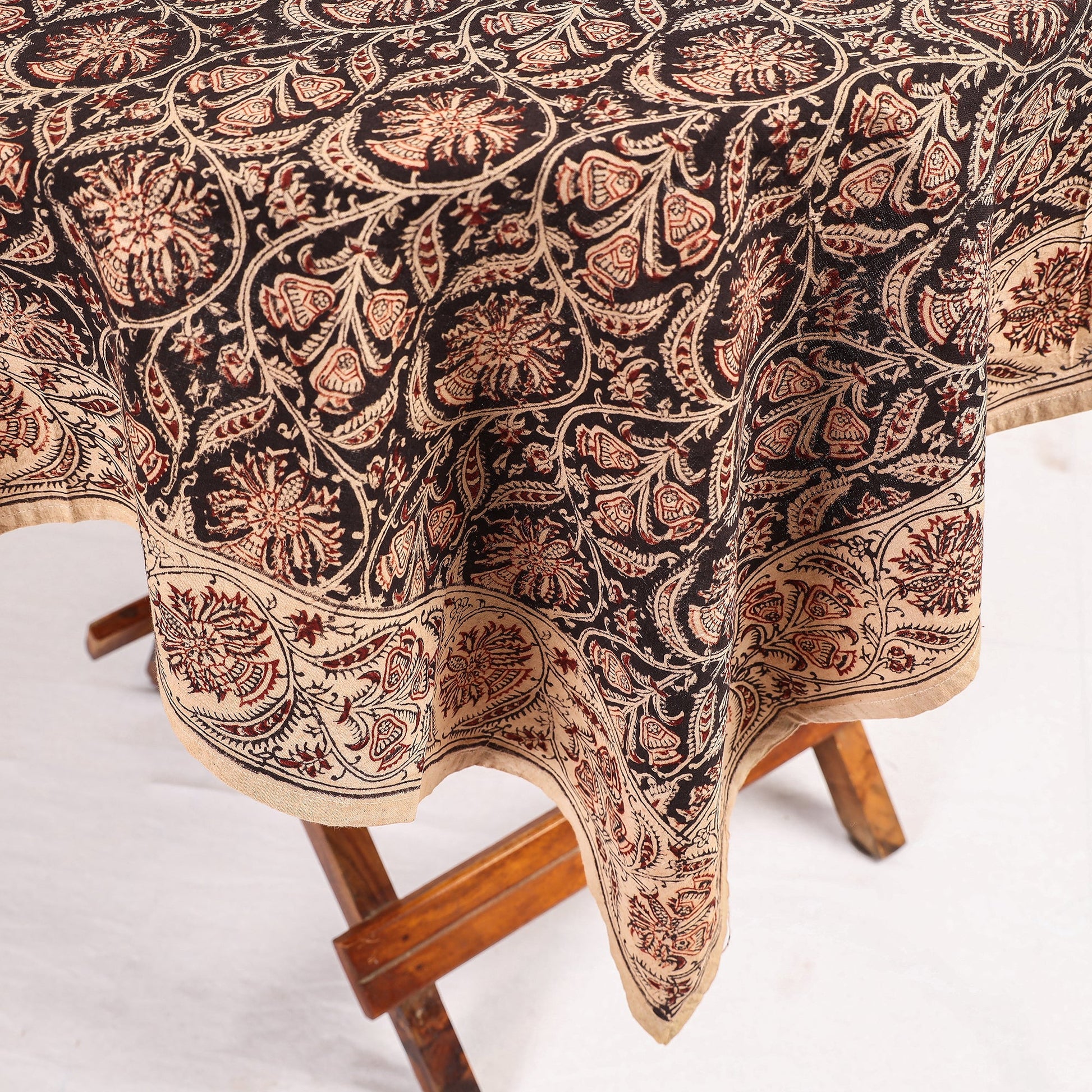 Black - Original Pedana Kalamkari Block Printed Cotton Table Cover (44 x 44 in)