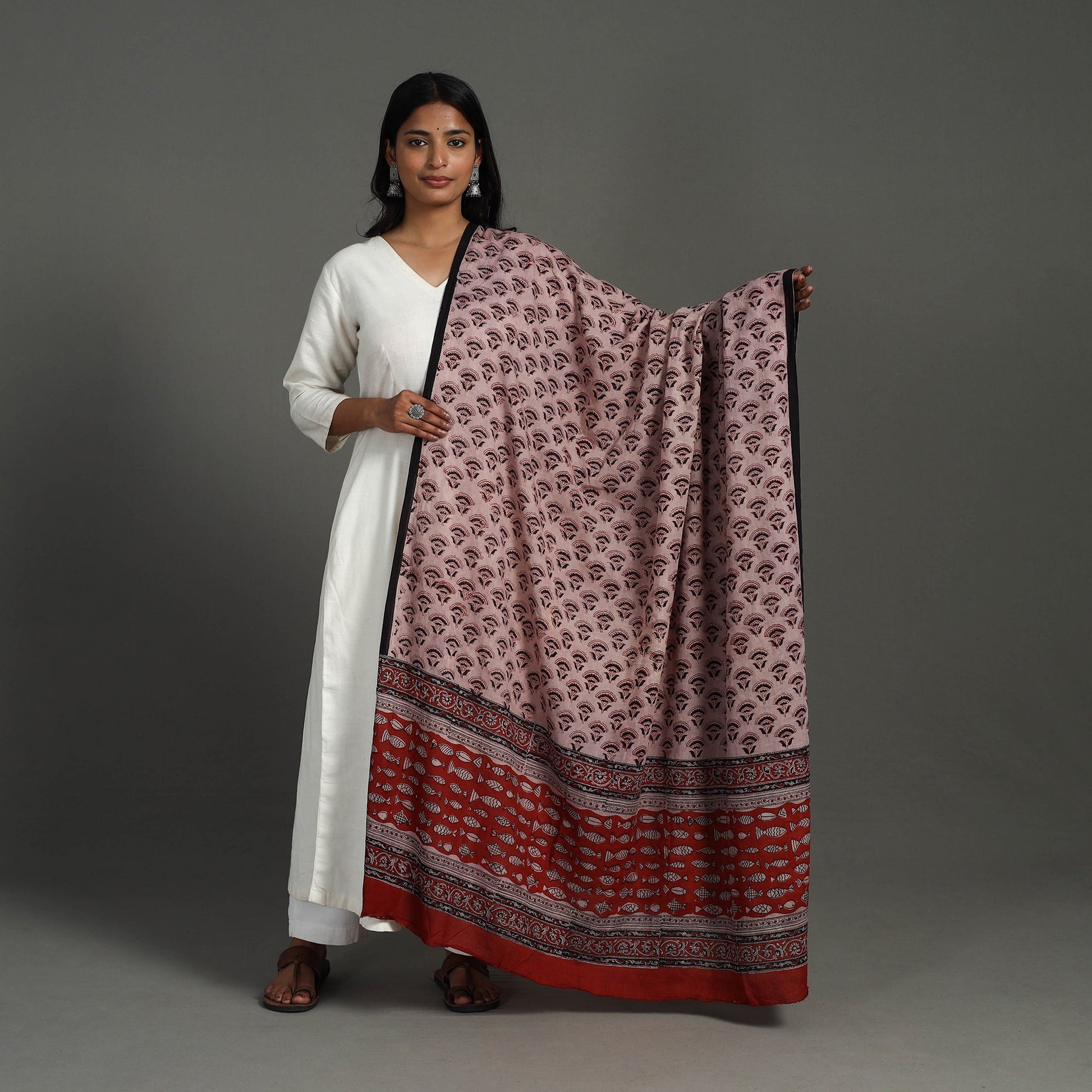 Brown - Block Printed Mul Cotton Bagru Dupatta 33