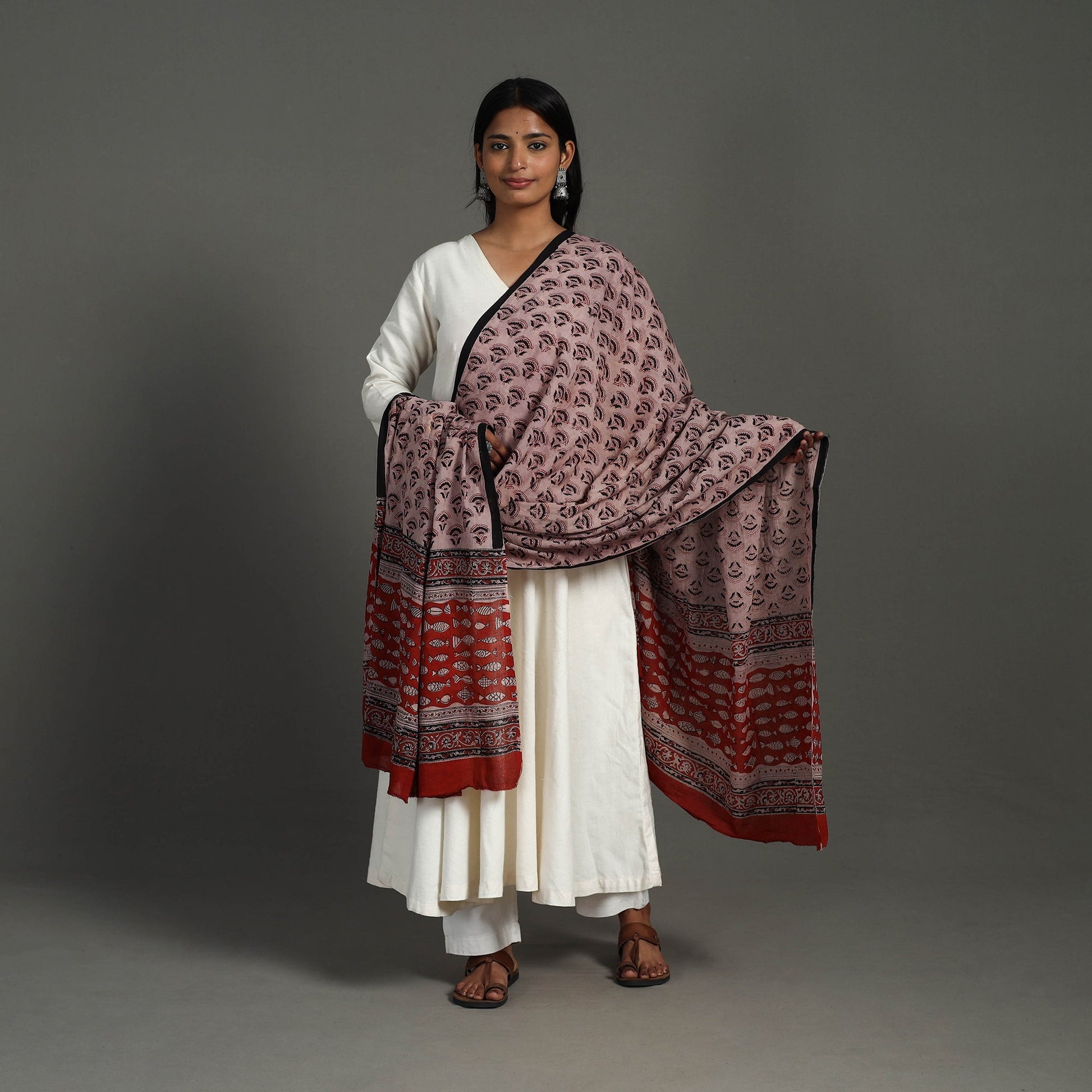 Brown - Block Printed Mul Cotton Bagru Dupatta 33