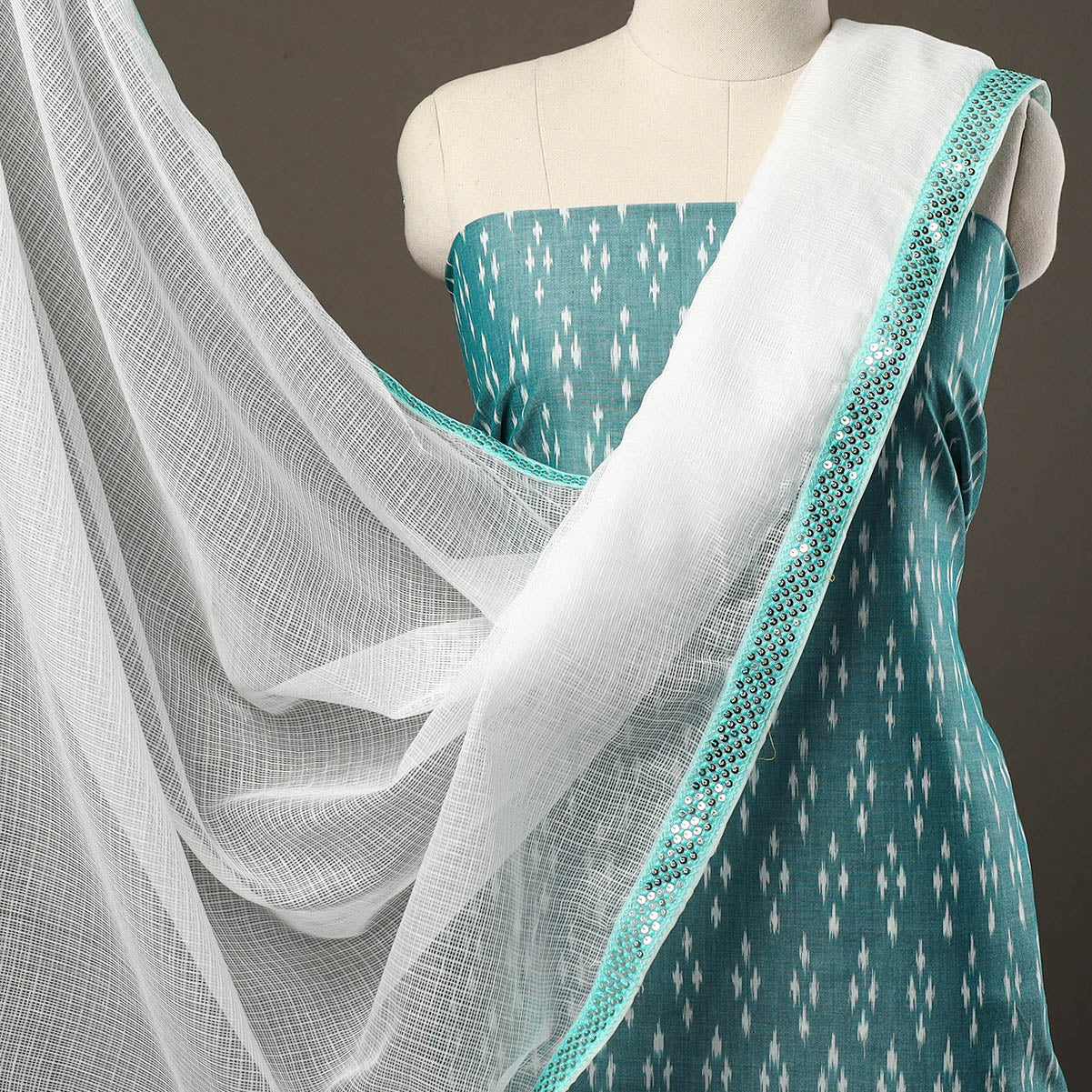 Blue - 3pc Cotton Pochampally Ikat Kurta with Plain Dupatta 24