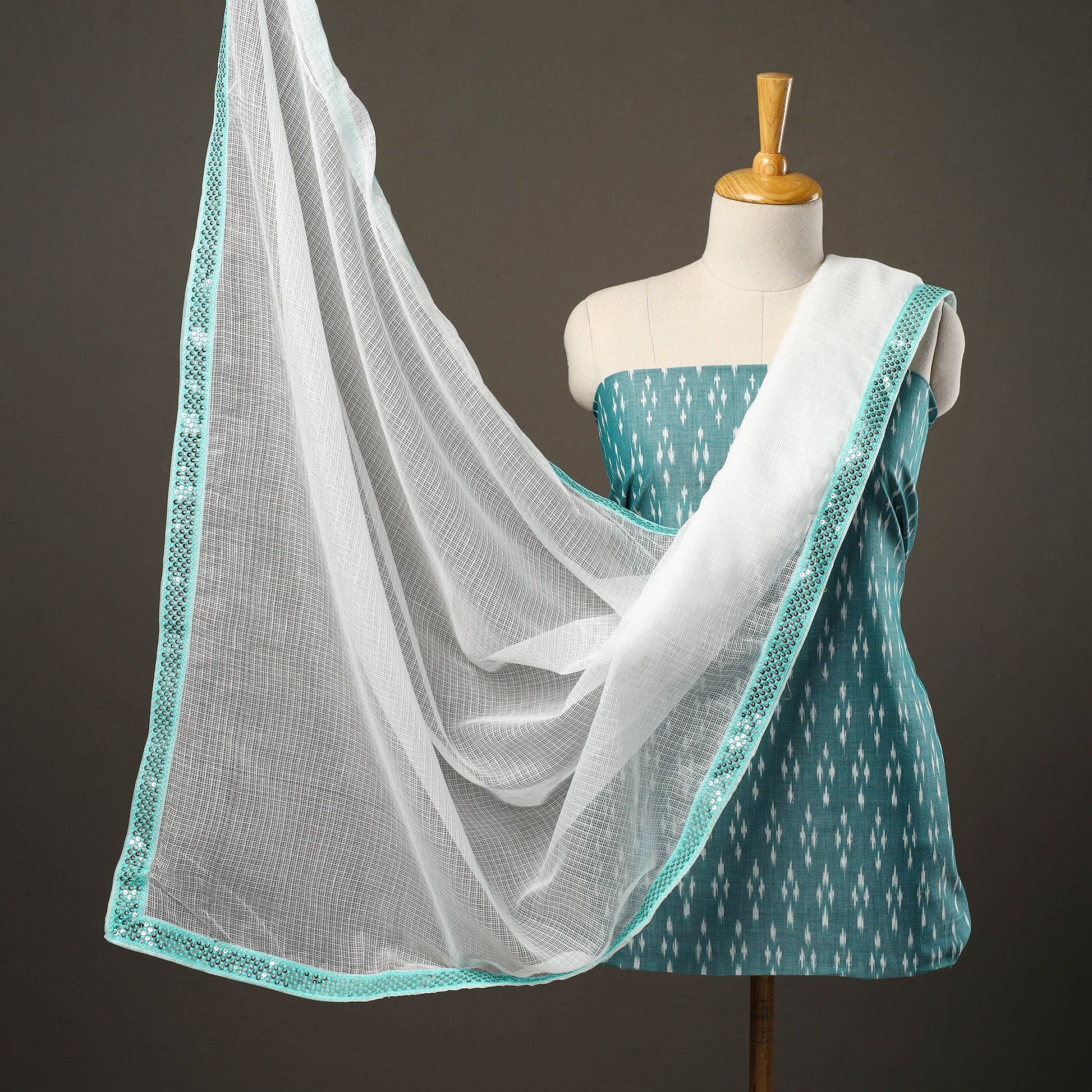 Blue - 3pc Cotton Pochampally Ikat Kurta with Plain Dupatta 24