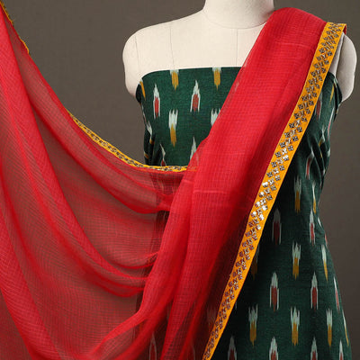 Green - 3pc Cotton Pochampally Ikat Kurta with Plain Dupatta 25