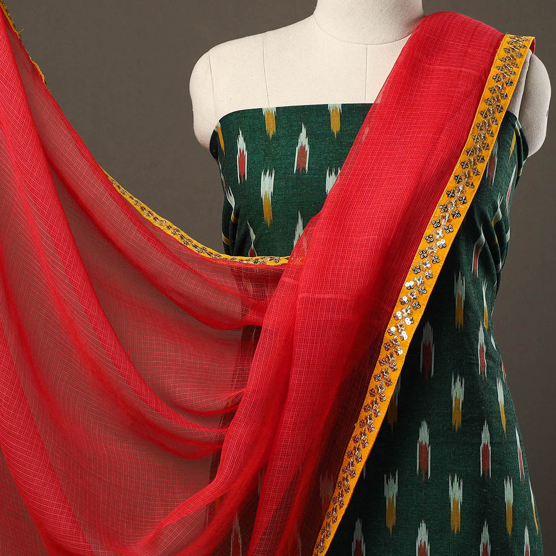 Green - 3pc Cotton Pochampally Ikat Kurta with Plain Dupatta 25