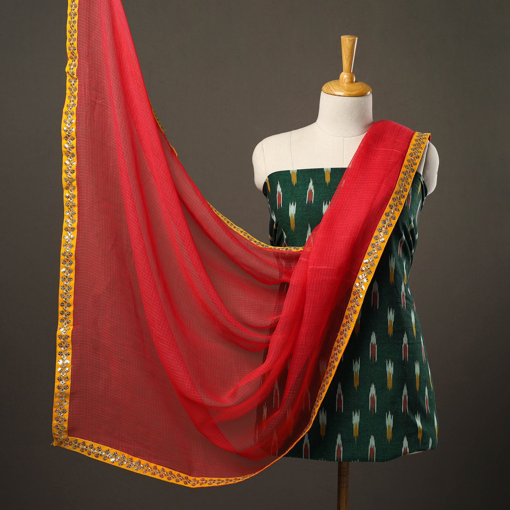 Green - 3pc Cotton Pochampally Ikat Kurta with Plain Dupatta 25