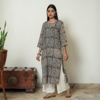Beige & Black - Kalamkari Hand Block Printed Mul Cotton Straight Kurta 09