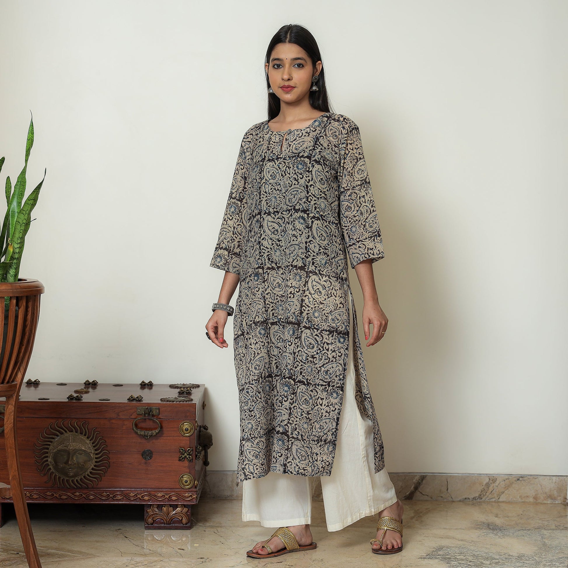 Beige & Black - Kalamkari Hand Block Printed Mul Cotton Straight Kurta 09