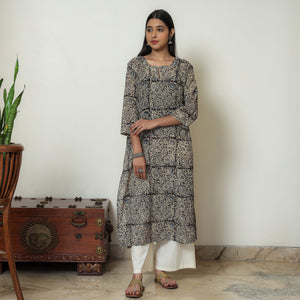 Beige & Black - Kalamkari Hand Block Printed Mul Cotton Straight Kurta 09