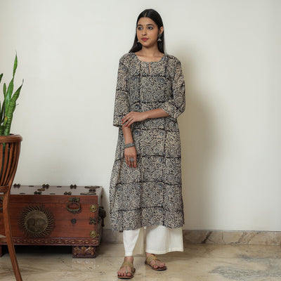 Beige & Black - Kalamkari Hand Block Printed Mul Cotton Straight Kurta 09