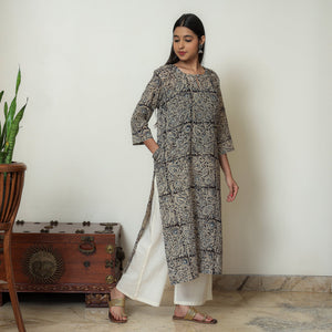 Beige & Black - Kalamkari Hand Block Printed Mul Cotton Straight Kurta 09