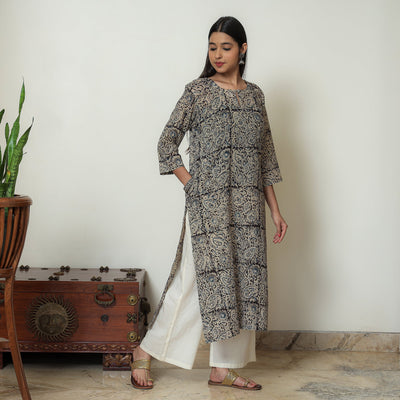 Beige & Black - Kalamkari Hand Block Printed Mul Cotton Straight Kurta 09