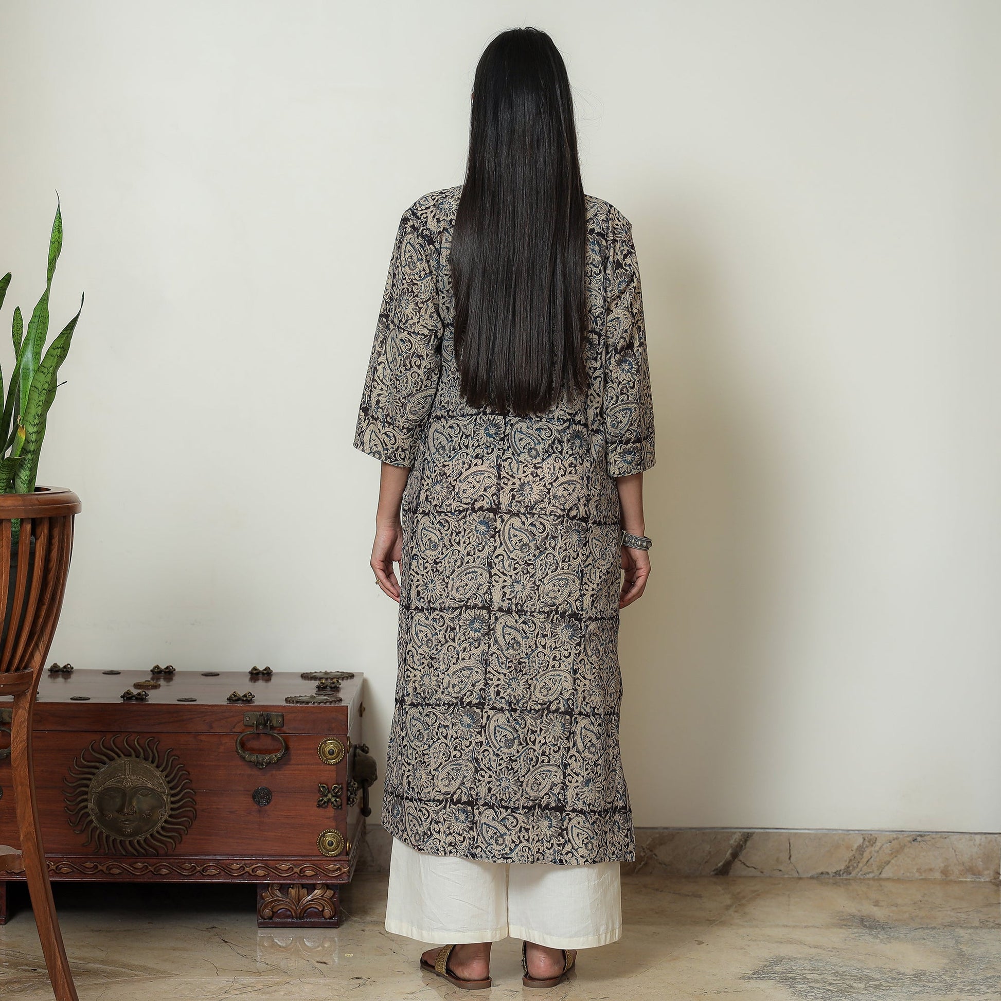 Beige & Black - Kalamkari Hand Block Printed Mul Cotton Straight Kurta 09