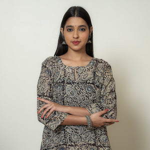 Beige & Black - Kalamkari Hand Block Printed Mul Cotton Straight Kurta 09